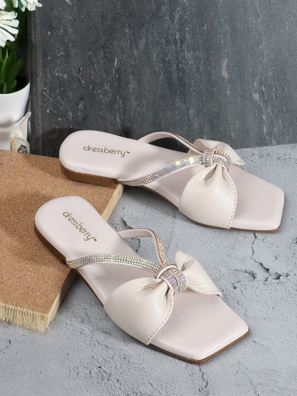 DressBerry White Embellished Open Toe Flats Online Hot Sale