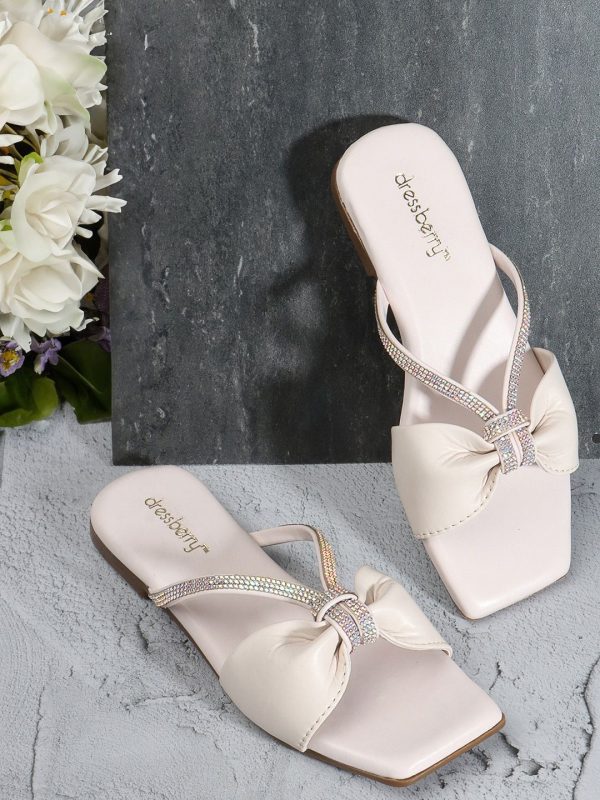 DressBerry White Embellished Open Toe Flats Online Hot Sale