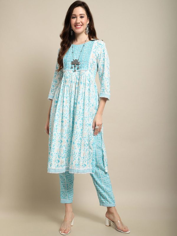 Sangria White & Blue Floral Printed Mirror Work A-Line Kurta With Trouser & Dupatta Sale