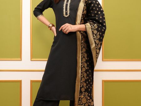 Vishudh Black Round Neck Floral Regular Straight Kurta with Palazzos & With Dupatta For Sale