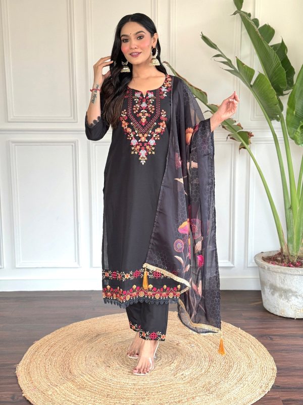 Sonakshi Women s Black Viscose Chanderi Embroidered Kurta Set with Dupatta Hot on Sale