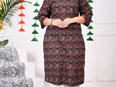 Swasti Brown Floral Printed Cotton Straight A-Line Kurta For Sale