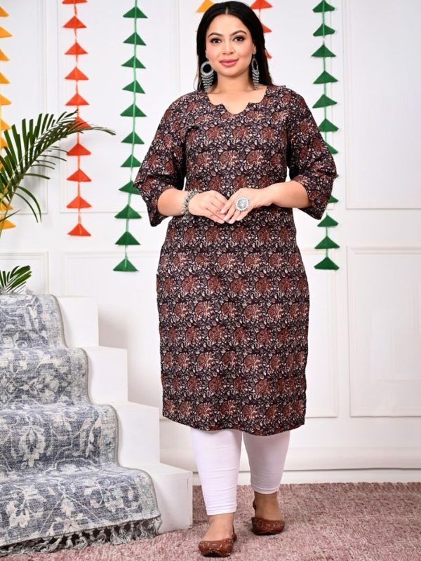 Swasti Brown Floral Printed Cotton Straight A-Line Kurta For Sale