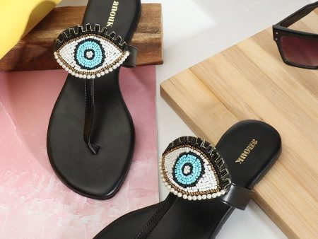 Anouk Black & Blue Evil Eye Embellished Classic T-Strap Flats on Sale