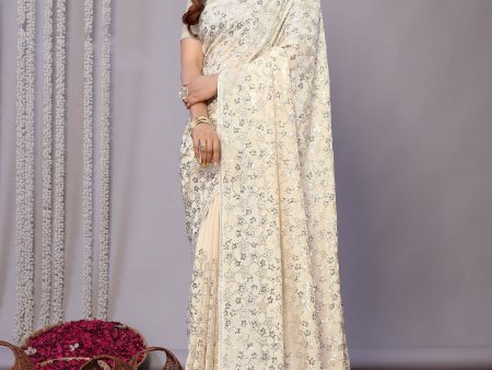 White Pure Georgette Embroidered Saree With Stitched Blouse - Nimaya Kaksha Online