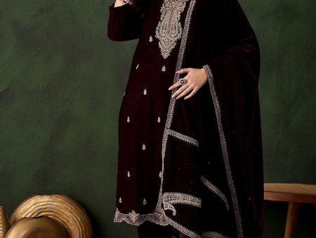 Sangria Floral Embroidered Straight Kurta & Trousers With Dupatta Online Sale