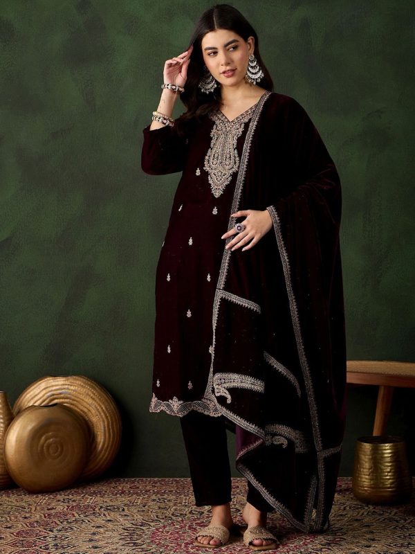 Sangria Floral Embroidered Straight Kurta & Trousers With Dupatta Online Sale