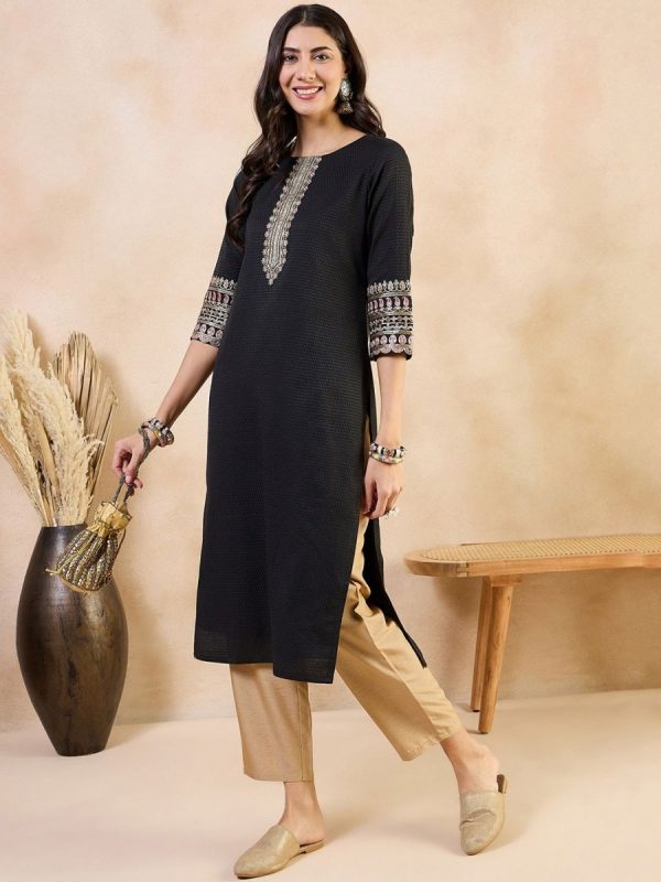 Anouk Abstract Printed Thread Work Cotton A-Line Kurta For Cheap