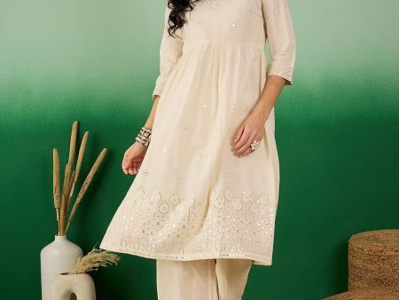 Sangria Off White Floral Embroidered Mirror Work Pure Cotton Anarkali Kurta Set Online Sale