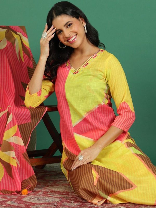 Sangria Printed V- Neck Kurta & Trousers With Dupatta For Sale