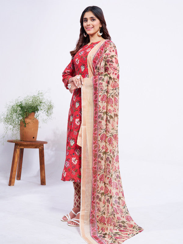 Malishka Women s Red Cotton Blend Floral Printed Kurta Set With Dupatta - Red Discount