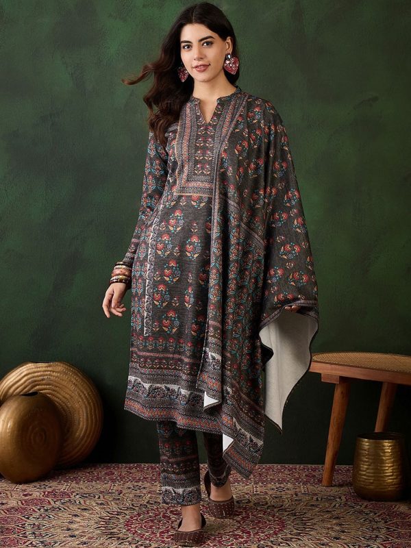 Sangria Self Design Winter Pashmina Straight Kurta & Trouser With Dupatta Sale