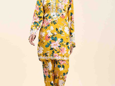 HOUSE OF KARI Floral Printed Chikankari Regular Straight Pure Cotton Kurta with Trousers Supply