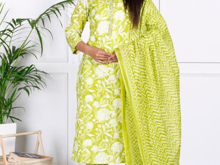 Swasti Floral Printed Sequinned Pure Cotton Straight Kurta With Trousers & Dupatta Online Sale