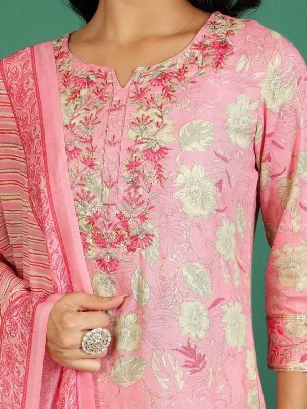 Sangria Floral Printed & Embroidered Kurta & Trouser With Dupatta Sale