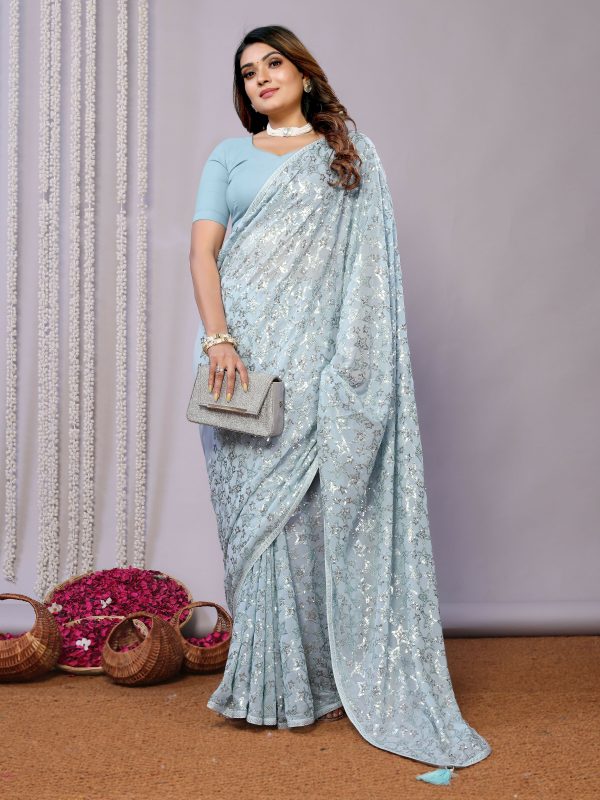 Sky Blue Pure Georgette Embroidered Saree With Stitched Blouse - Nimaya Kaksha Hot on Sale