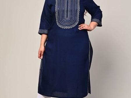 Swasti Women Navy Blue Striped Thread Work Floral Kurta Online Sale