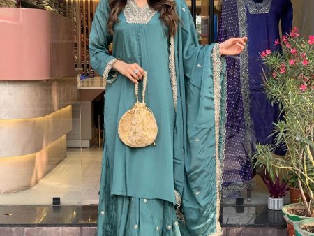 Sonakshi Women s Rama Viscose Chanderi Embroidered Kurta Set with Dupatta on Sale