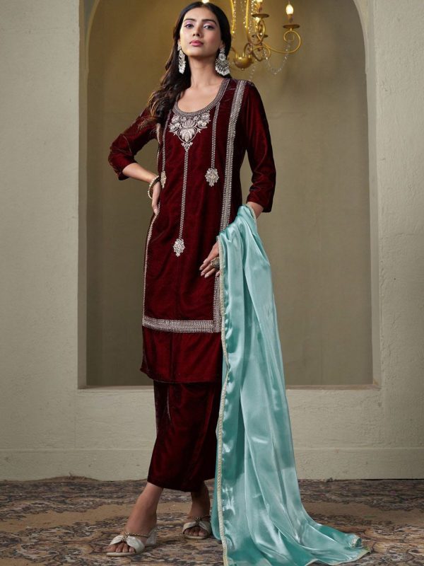 Sangria Floral Embroidered Round Neck Straight Velvet Kurta With Trousers & Dupatta Cheap