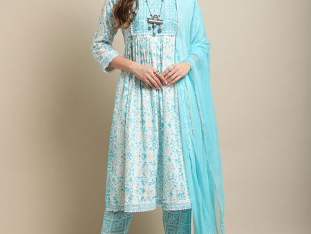 Sangria White & Blue Floral Printed Mirror Work A-Line Kurta With Trouser & Dupatta Sale