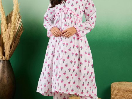 Sangria Floral Printed Pure Cotton Anarkali Kurta With Trouser Supply