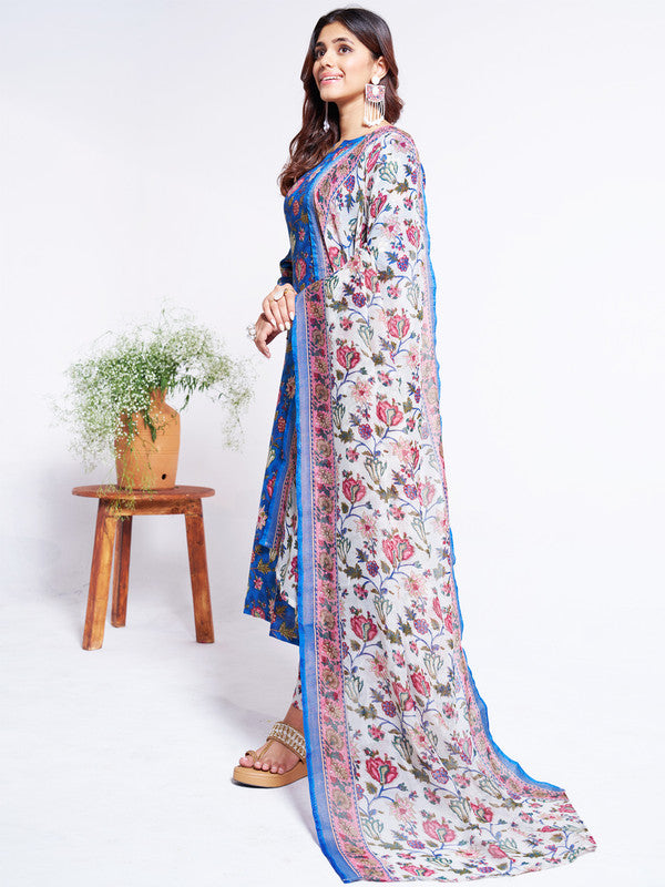 Malishka Women s Blue Cotton Blend Floral Printed Kurta Set With Dupatta - Blue Hot on Sale