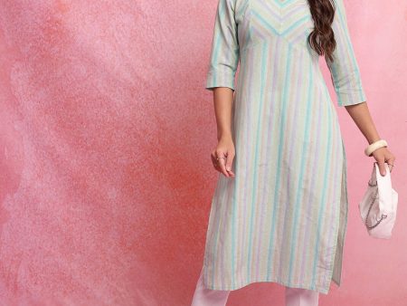 Vishudh Blue Striped V-Neck Three-Quarter Sleeves Empire Kurta on Sale