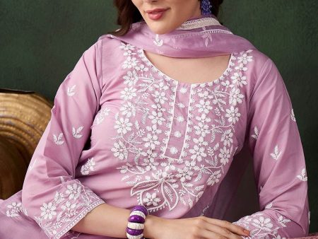 Sangria Lavender Floral Embroidered Thread Work Cotton Kurta & Trouser With Dupatta Online Hot Sale