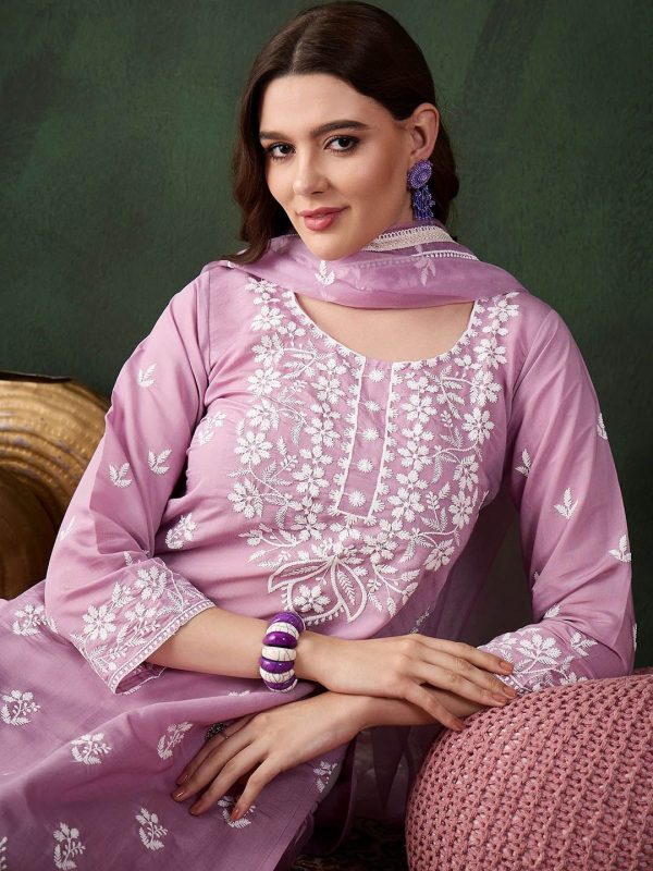 Sangria Lavender Floral Embroidered Thread Work Cotton Kurta & Trouser With Dupatta Online Hot Sale