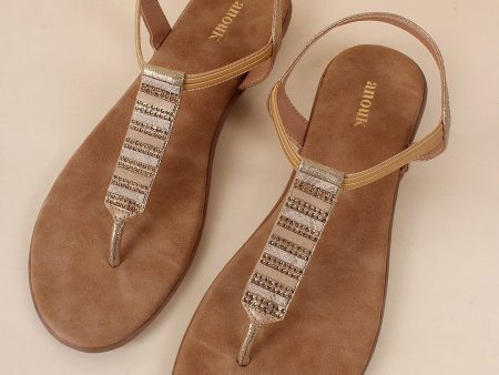 Anouk Beige Embellished T-Strap Flats With Backstrap Sale