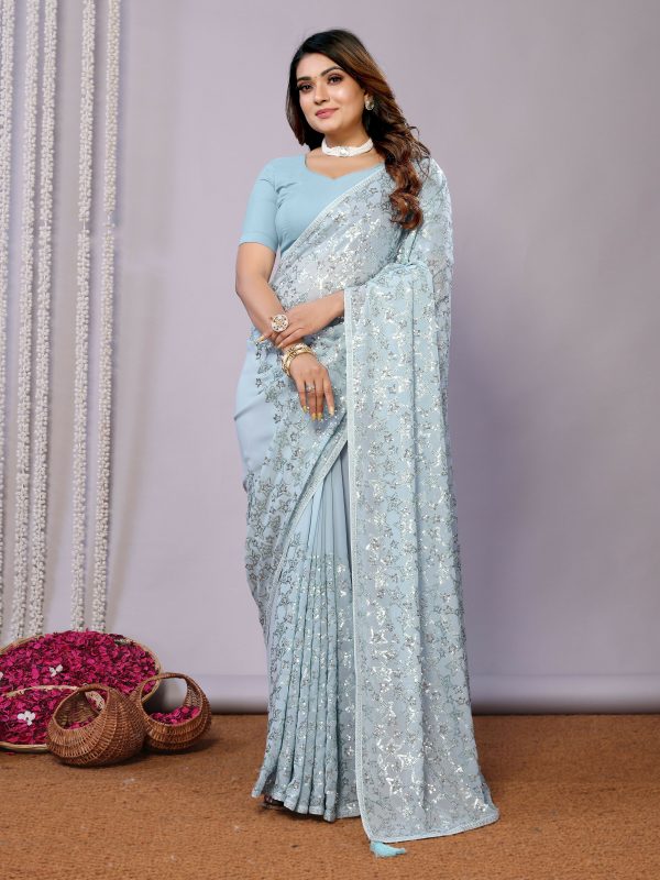 Sky Blue Pure Georgette Embroidered Saree With Stitched Blouse - Nimaya Kaksha Hot on Sale