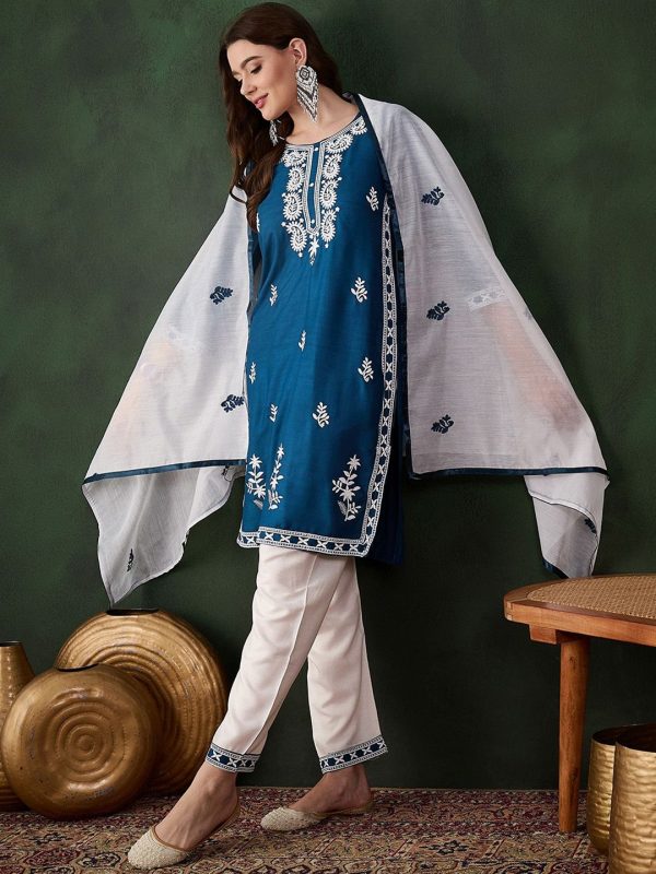 Sangria Teal Blue Paisley Embroidered Thread Work Straight Kurta & Trouser With Dupatta Sale