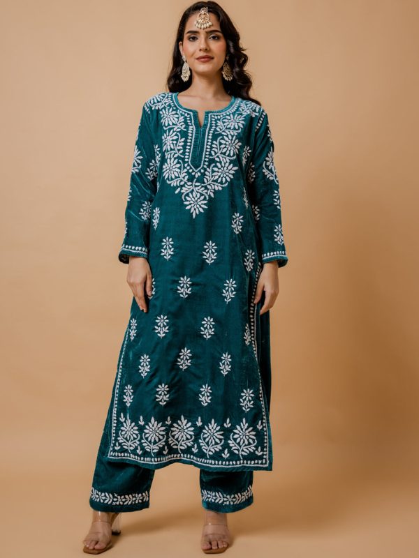 HOUSE OF KARI Ethnic Motifs Embroidered Chikankari Velvet Kurta With Trousers Fashion