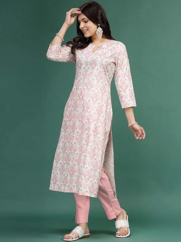 Sangria Floral Printed Cotton Notch Neck Straight Kurta Cheap