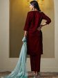 Sangria Floral Embroidered Round Neck Straight Velvet Kurta With Trousers & Dupatta Cheap