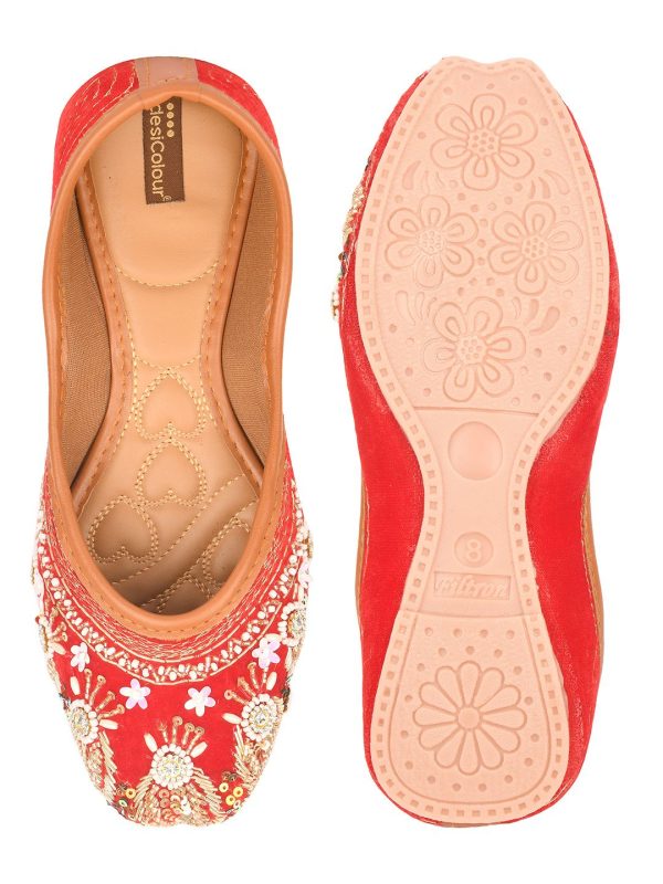 DESI COLOUR Embellished Round Toe Velvet Mojaris Discount