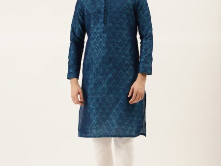 Manyavar Men Blue & White Self Design Kurta with Churidar Supply