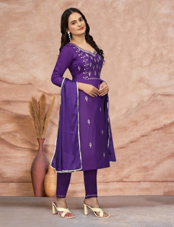 Malishka Women s Embroidered Cotton Blend Kurti With Pant & Dupatta Set - Purple Fashion