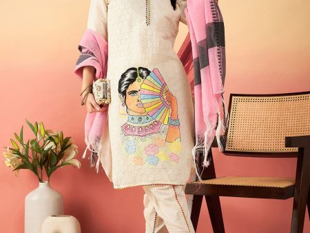 Sangria Off White Ethnic Motifs Self Design Thread Work Pure Cotton Pathani Kurta Sets Hot on Sale