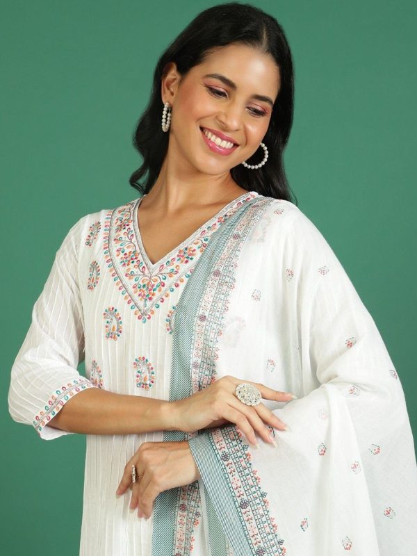 Sangria Printed Pure Cotton V- Neck Kurta & Trousers With Dupatta Cheap