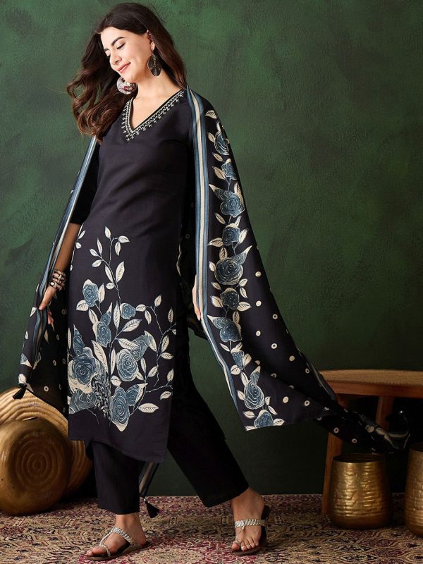 Sangria Floral Printed Sequinned V-Neck Straight Kurta & Trouser With Dupatta Online