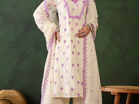 Sangria Purple Floral Embroidered Thread Work Pure Cotton Kurta & Palazzos With Dupatta Cheap