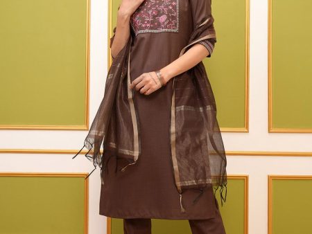 Vishudh Brown Ethnic Motifs Embroidered Kurta & Trousers With Dupatta on Sale