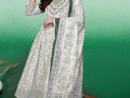 Sangria White & Green Floral Printed A-Line Kurta With Trouser & Dupatta Online now