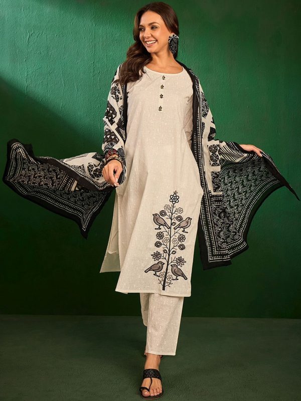 Sangria Floral Embroidered Pure Cotton Thread Work Kurta with Trousers & Dupatta Online Hot Sale