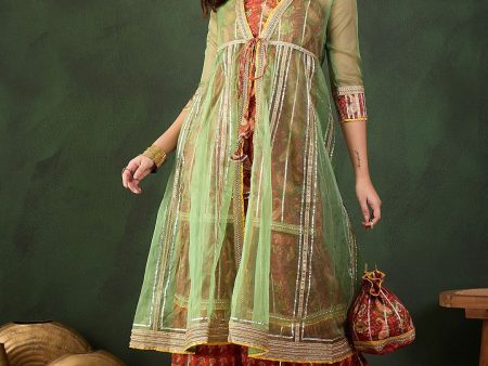 Sangria Printed Straight Kurta Sharara With Jacket Set Fashion