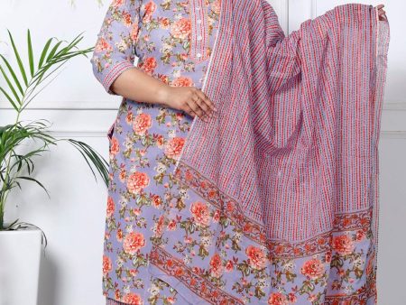 Swasti Plus Size Floral Printed Sequinned Pure Cotton Kurta With Trouser & Dupatta For Cheap