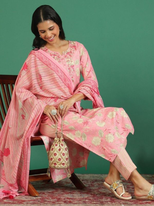 Sangria Floral Printed & Embroidered Kurta & Trouser With Dupatta Sale