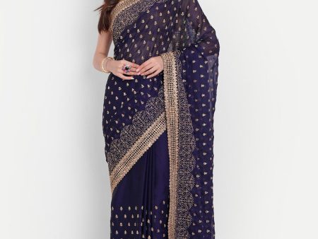 kasee Women Blue & Gold-Toned Floral Embroidered Art Silk Saree on Sale