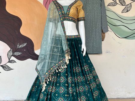 Malishka Export Aqua Green Chinon With Embroidery Lehenga Choli Set - Rama For Cheap